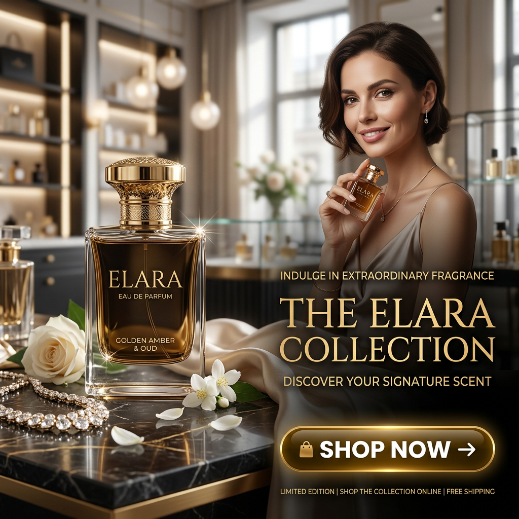 Bottle of Elara Eau de Parfum Golden Amber & Oud with a smiling woman holding a smaller bottle in an elegant room
